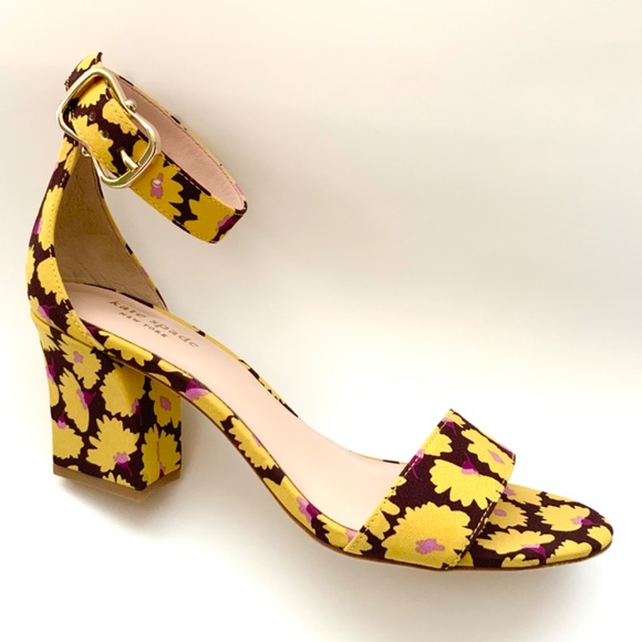 Kate Spade Susane Rich Fudge Sandals Floral Yellow Ankle Strap Block Heel Pumps - Picture 7 of 11